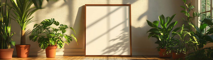 Sunlit Room with Plants and Empty Frame,  A serene interior scene featuring lush greenery bathed in sunlight, showcasing a blank canvas ready for artwork or photography.