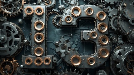 An artistic rendering of the number 13, crafted entirely from interlocking gears and cogs in a complex steampunk design, set against a dark industrial backdrop. AI generated.