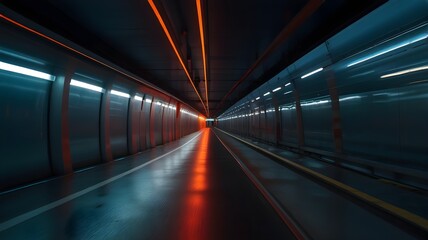 A fast-moving tunnel with motion blur, a feeling of speed and modern technology
