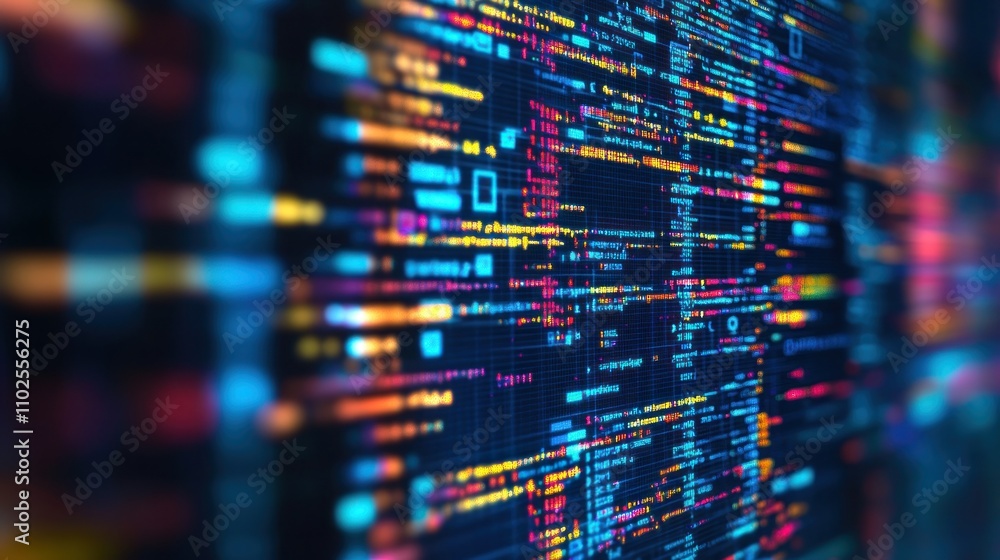 Poster abstract digital data visualization with colorful lines and patterns.