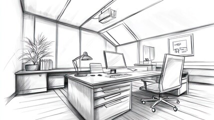 A sketch of a modern office space featuring a desk, chair, and large window.