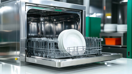 Stainless Steel Dishwasher with Clean Plates, Industrial Kitchen Appliance