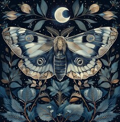 Moth, butterfly in vintage style on a background of flowers. On dark background. Romantic and mystical atmosphere.  
