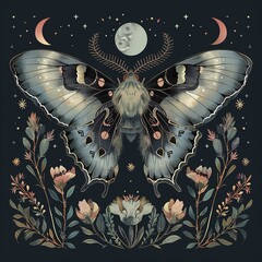 Moth, butterfly in vintage style on a background of flowers. On dark background. Romantic and mystical atmosphere.  