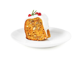 Piece of traditional Christmas cake decorated with red currants and rosemary isolated on white