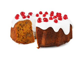 Traditional Christmas cake decorated with red currants isolated on white