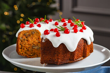 Traditional classic Christmas cake on table, closeup
