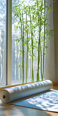Tapete de yoga desenrolado com plantas de bambu