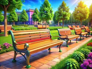 Colorful Wooden Park Benches - AI Illustration Set