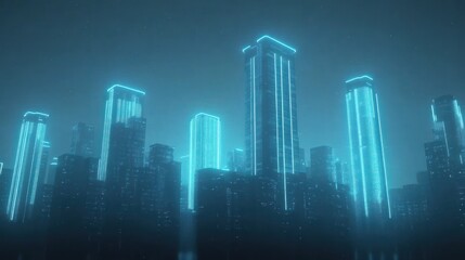 Futuristic cityscape with glowing skyscrapers in a misty atmosphere.
