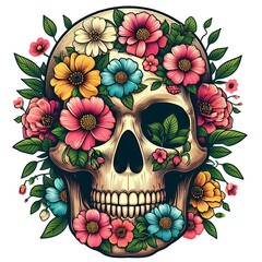 Skull adorned with colorful flowers and leaves.