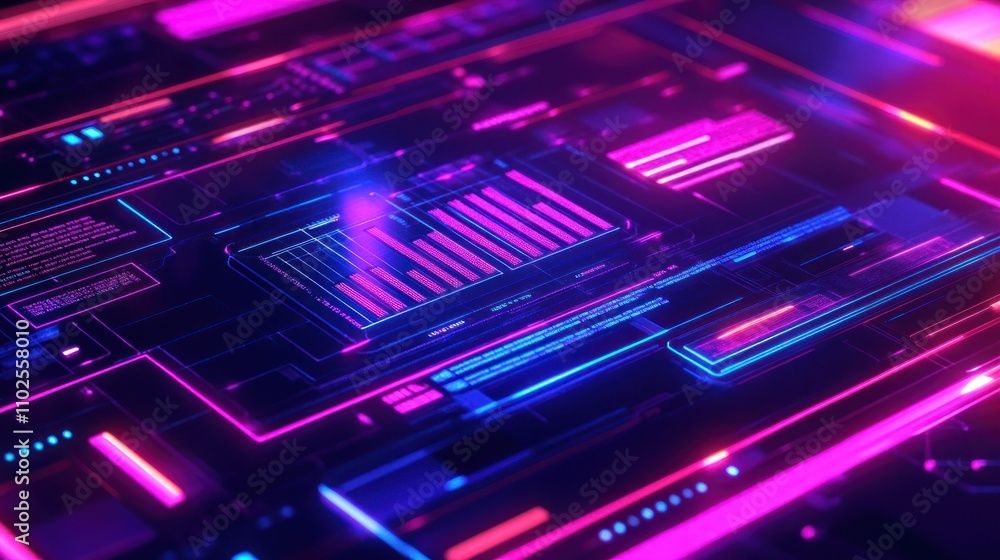 Poster a vibrant, futuristic digital interface with neon colors and intricate circuit patterns.