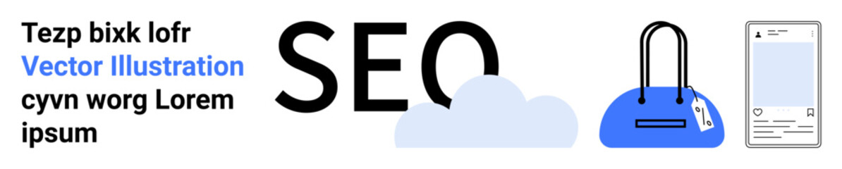 Large SEO text with a cloud icon, shopping bag, and smartphone graphic. Placeholder text on the left emphasizes vector illustration. Ideal for marketing, business, e-commerce, technology, digital