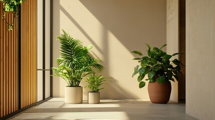A serene indoor space featuring potted plants, soft sunlight, and textured walls, creating a calming atmosphere.