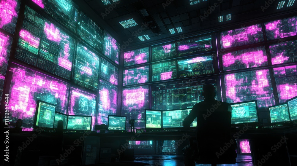 Poster a dark room filled with glowing screens displaying data and graphics, suggesting a tech environment.