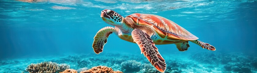 Fototapeta premium Sea turtle swimming through clear blue waters, with coral reefs below, plasticfree ocean, vibrant and colorful, underwater photography style