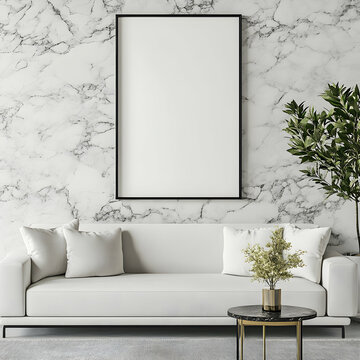 Elegant Living Room Mockup, White Sofa, Marble Wall, and Blank Frame for Design Inspiration