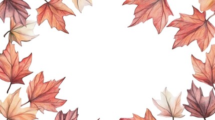 Autumn leaves painted in watercolor, forming a decorative frame isolated on a transparent background.