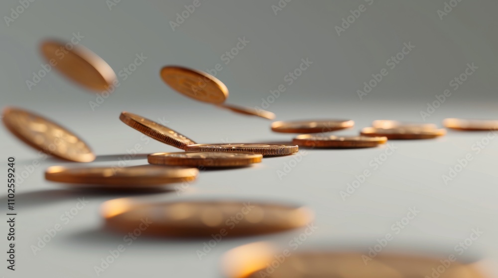 Poster copper coins are seen floating in mid-air over a minimalist surface, captured in motion with a shall