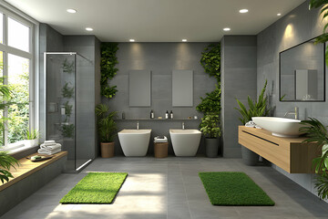 Fototapeta premium Serene Modern Bathroom Design, Luxurious Greenery & Double Sinks, Enhancing Relaxation and Wellness