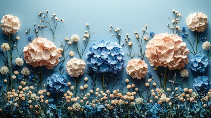 A vibrant arrangement of paper flowers in soft colors against a blue background.