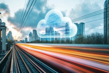 cloud computing with a speeding train on a city background 