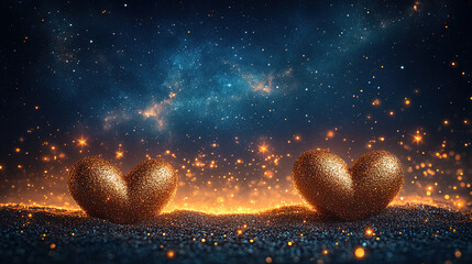 Fototapeta premium Golden hearts sparkle under a starlit sky creating a magical atmosphere of love and wonder at night. Generative AI