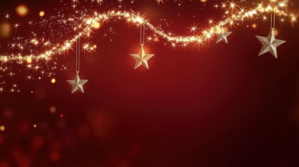 Garland of golden stars shimmering against a festive red background creating a magical atmosphere
