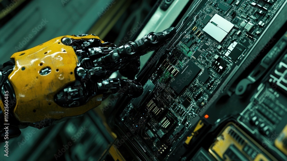 Aufkleber a robotic hand interacting with a complex circuit board.