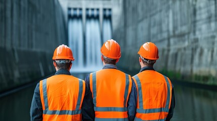 Three construction workers in safety gear observe a dam's water flow, showcasing teamwork and industrial environment.