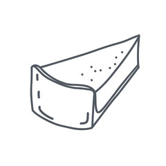 Black and white outline drawing of cheesecake piece in simple doodle style. American pastry dessert. Flat vector monochrome icon isolated on white background.