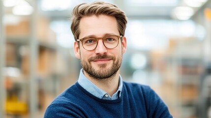 Obraz premium A smiling man in glasses poses confidently in a bright, modern environment, showcasing a professional yet approachable demeanor.
