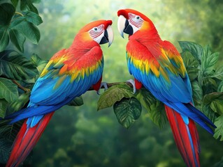 Fototapeta premium Vibrant macaws in a tropical rainforest canopy, rich greens and reds, sharp focus, vivid colors, photorealistic illustration