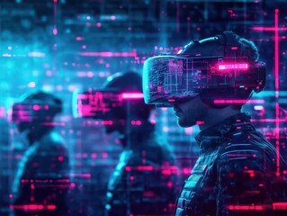 Fototapeta premium Virtual reality gaming arena with glowing holograms, players in futuristic gear, dark background with neon accents, highenergy vibe, digital art