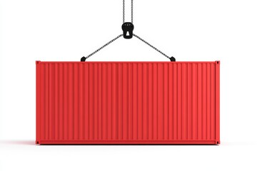 A red container is being lifted by a crane