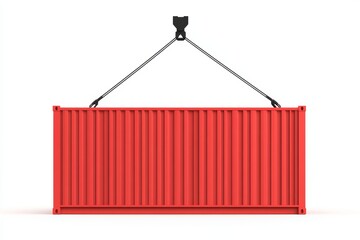 A red container is hanging from a crane
