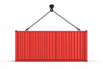 A red container is hanging from a crane