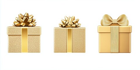 Three golden gift boxes with gold ribbon, isolated on a white background. - Generative AI