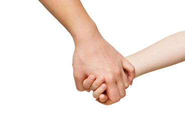 Mother holding hand of her child, isolated on white background. Love, family, togetherness concept