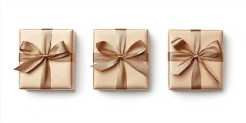 Three golden gift boxes with gold ribbon, isolated on a white background. - Generative AI