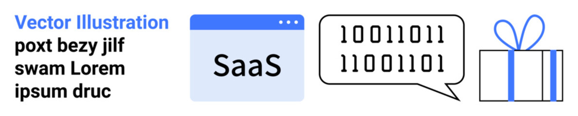 SaaS platform window, binary code in speech bubble, and gift box. Ideal for technology services, software solutions, digital communication, coding, application development, customer gifts