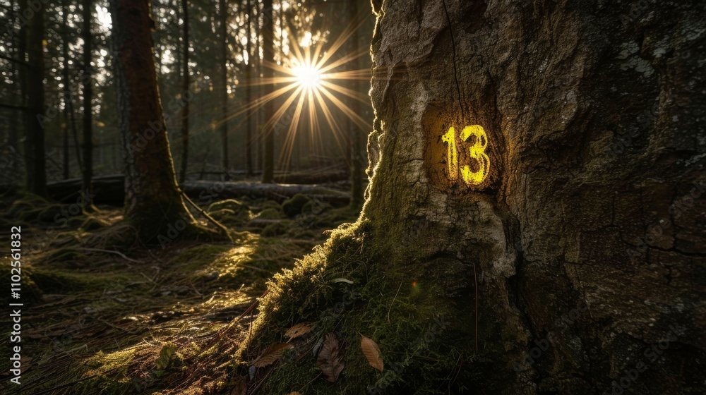 Poster the number 13 is engraved and glowing on a tree trunk, with sunlight filtering through a forest, cre