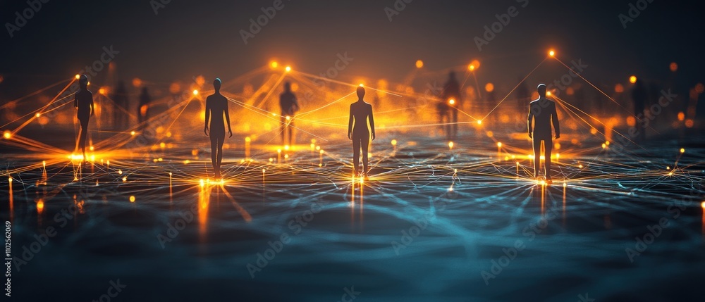 Poster a digital representation of interconnected figures symbolizing network and communication.