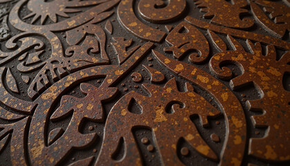 Intricate rusted metal pattern with ornamental design