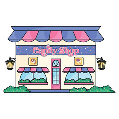 Colorful candy shop facade with decorations, Vector