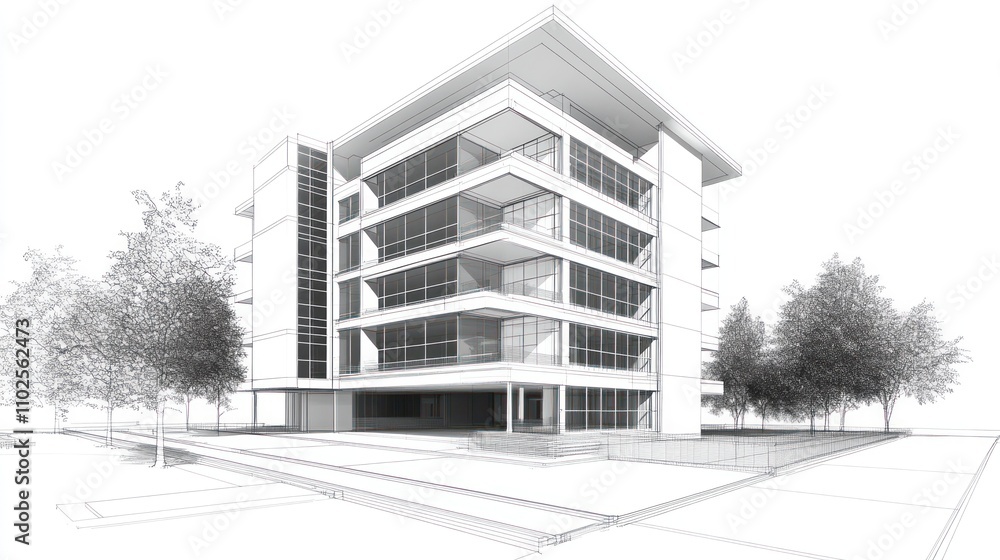 Poster A modern architectural design showcasing a multi-story building with large windows.