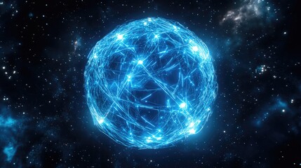 Fototapeta premium A glowing globe of interconnected neon lines, representing digital networks, set against a starry space background; 3D illustration, futuristic, blue and silver hues, high detail 