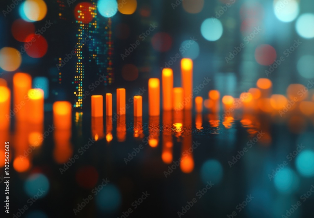 Poster abstract representation of data visualization with vibrant orange bars glowing against a backdrop of