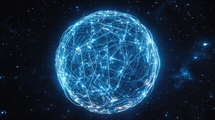 Obraz premium A glowing globe of interconnected neon lines, representing digital networks, set against a starry space background; 3D illustration, futuristic, blue and silver hues, high detail 