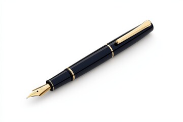 A black pen with gold trim sits on a white background